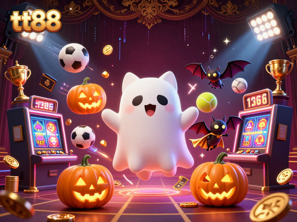 Engage in thrilling gaming experiences with tt88, showcasing a ghost cat and sports elements in a haunted casino.