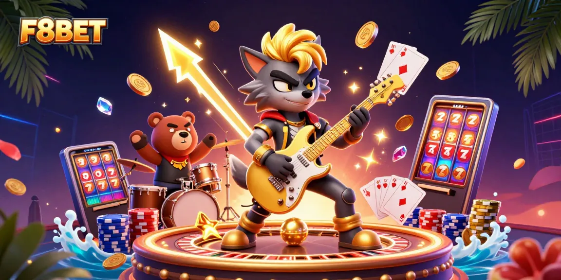 Experience thrilling gameplay at F8BET with a rock star wolf shredding on stage amid vibrant casino elements.