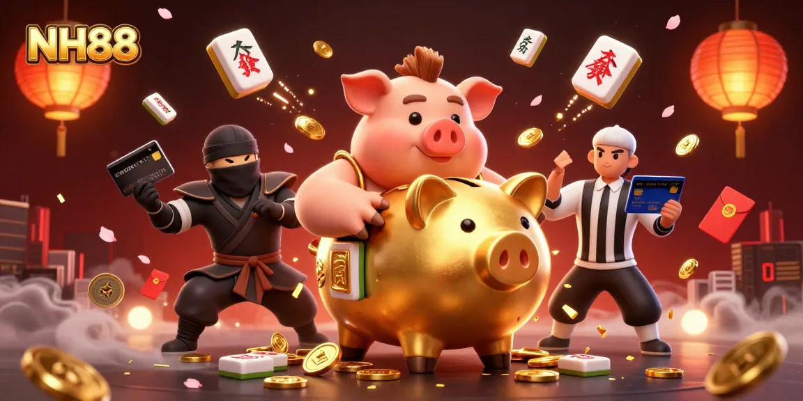 Spin the reels and win with NH88: Cartoon illustration of gaming characters in a vibrant casino action scene.