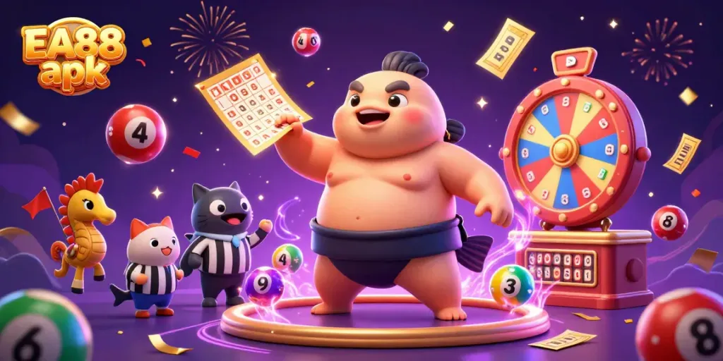 Experience the thrill of EA88 apk as the fugu sumo wrestles in an underwater casino with colorful lottery balls.