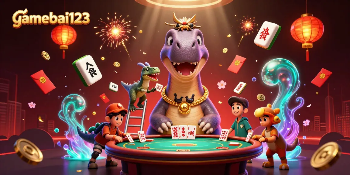 Experience thrilling gameplay with gamebai123's vibrant casino scene featuring giant characters and festive elements.
