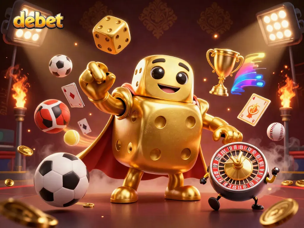 Experience the excitement of debet gaming with dynamic golden dice and sports elements in a thrilling casino scene.
