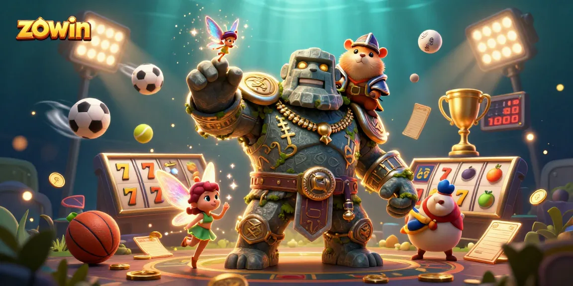 Engage with Zowin's exciting slot games featuring stone golem and magical elements.