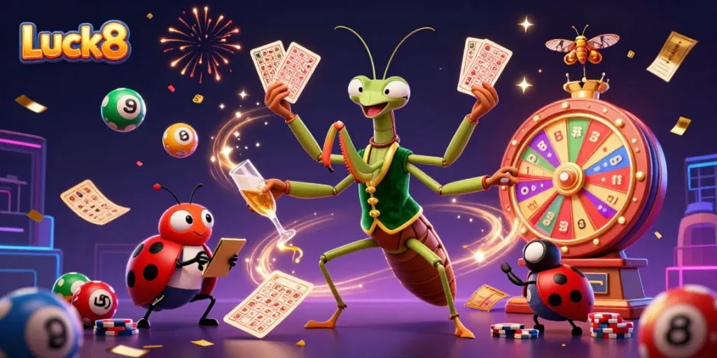 Experience Luck8's thrilling gaming atmosphere with vibrant characters and dynamic casino elements.