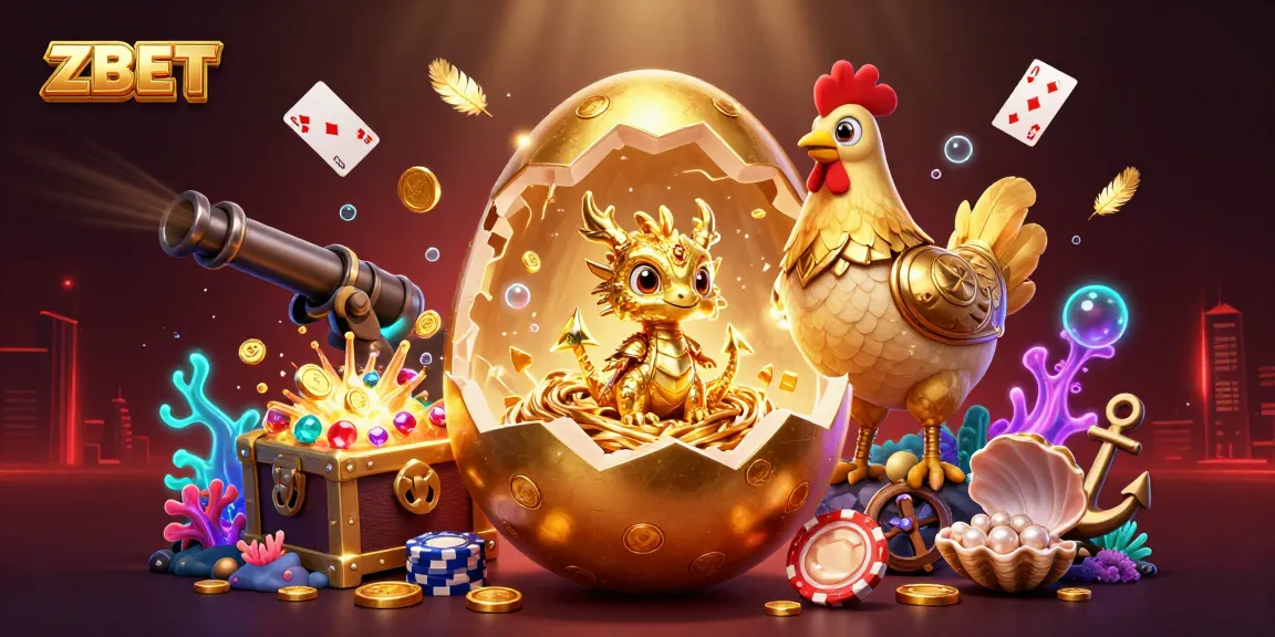 ZBET reveals a golden baby dragon on poker chips amidst a vibrant casino treasure scene.
