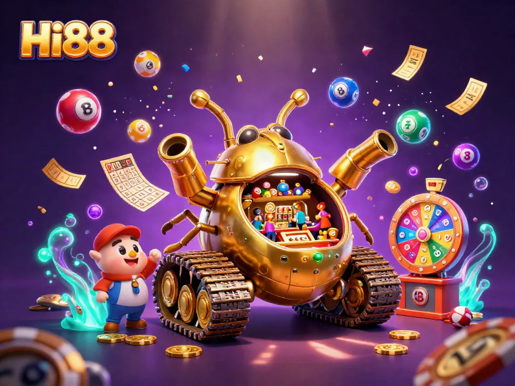 Engage with Hi88 at a dynamic casino scene featuring a golden beetle tank with vibrant elements.