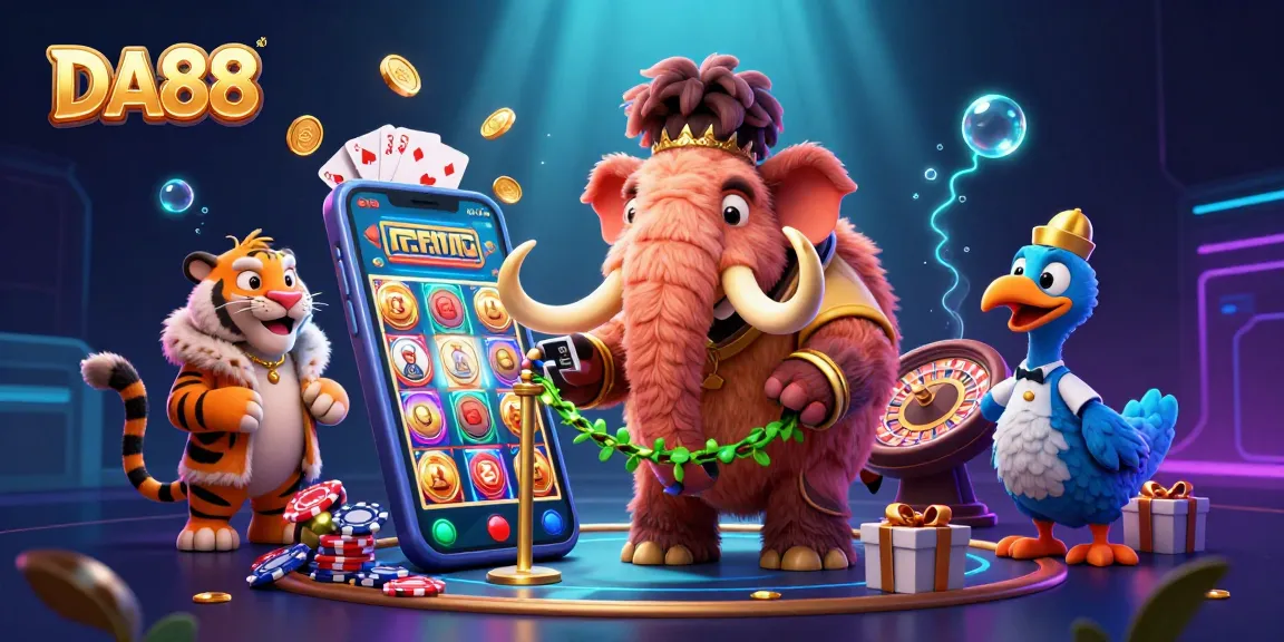 Experience the DA88 casino with colorful slot reels, winning coins, and vibrant characters!
