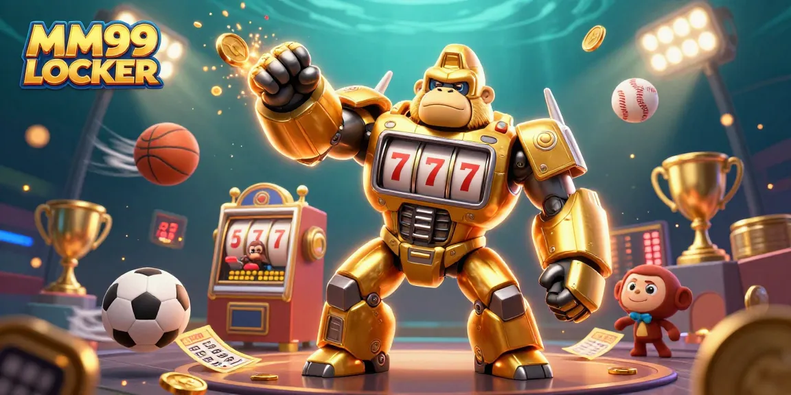 Engage in fun at MM99 LOCKER with a dynamic illustration featuring a golden gorilla mech surrounded by exciting sports elements.