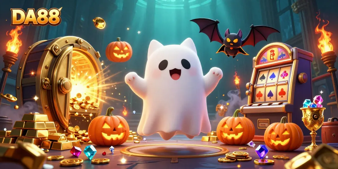 Engage with DA88's thrilling haunted casino adventure featuring ghost cat and bat.