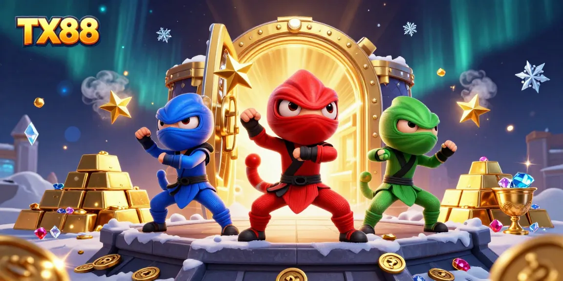 Experience thrilling TX88 action with ninja chameleons amid riches and casino symbols.