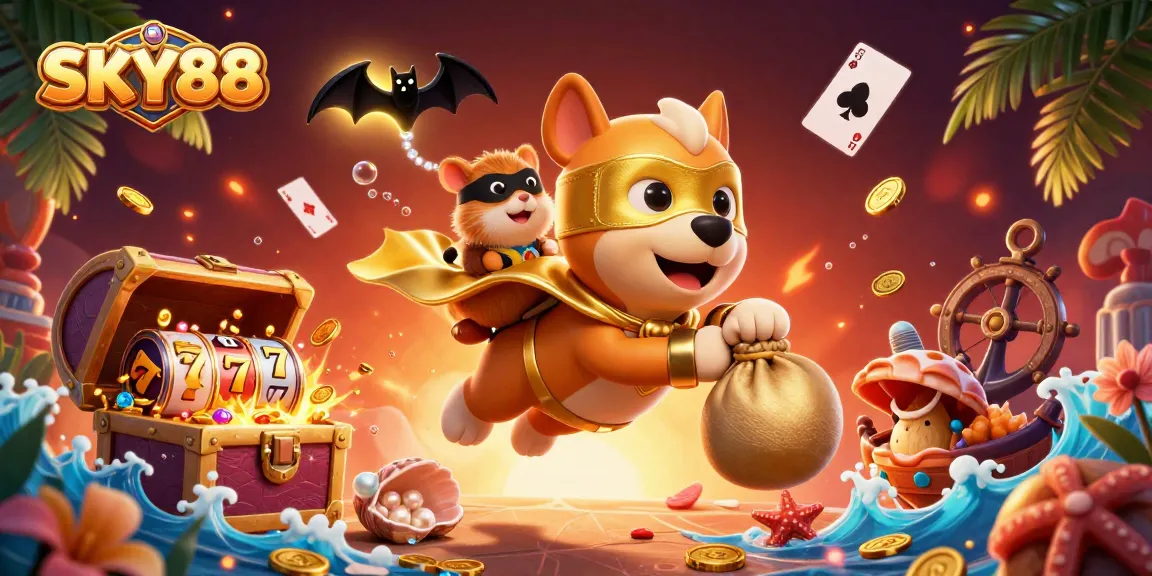 Engage with SKY88's thrilling gambling experience featuring a cartoon superhero dog and vibrant casino elements.