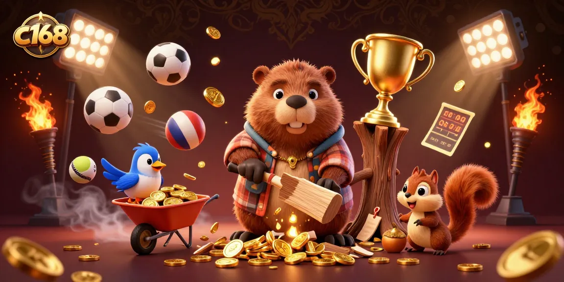 C168 brings thrilling gambling action with a cartoon beaver, gold coins, and sports elements in a vibrant scene.