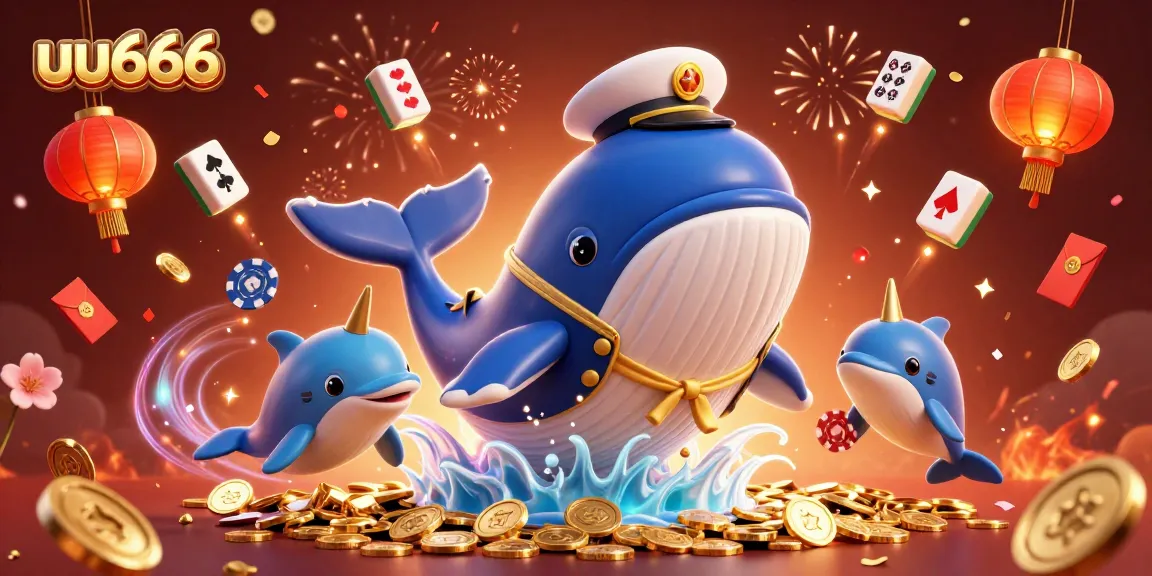 uu666 underwater casino adventure featuring a giant whale and fish companions celebrating with coins and poker