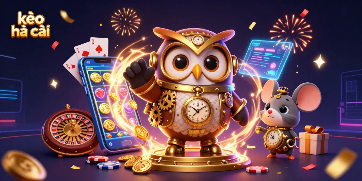 Experience thrilling kèo nhà cái action with a vibrant 3D illustration of time-traveling owl and festive casino elements.
