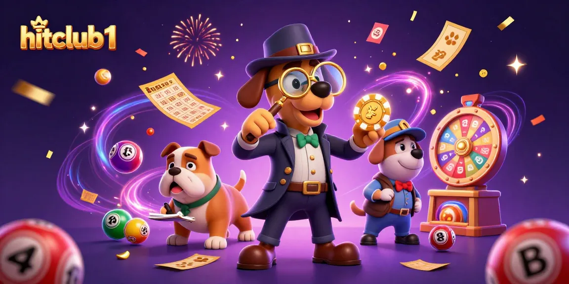 Hitclub1 brings excitement with a 3D detective and bulldog uncovering casino treasures in an animated scene.