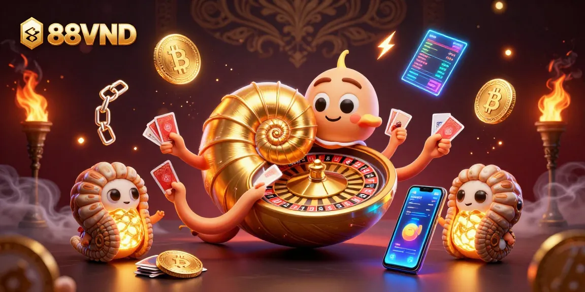 Experience the vibrant energy of 888VND with the ancient nautilus casino scene featuring a roulette wheel and glowing crypto elements.