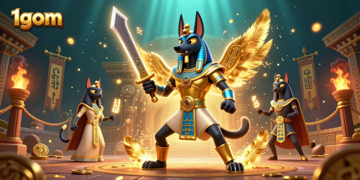 Betting on dynamic action in 1gom with Anubis and Bastet amidst gambling symbols.