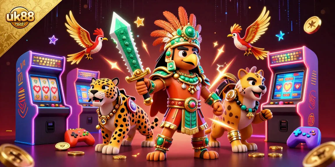Engage with the thrilling uk88 casino experience featuring rich 3D illustration of warriors and gaming elements.
