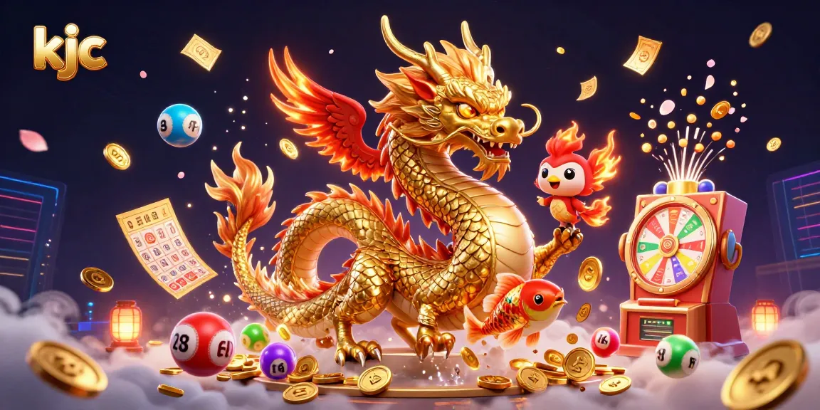 Experience thrilling games with KJC, featuring vibrant lottery balls, a Chinese dragon, and festive elements.