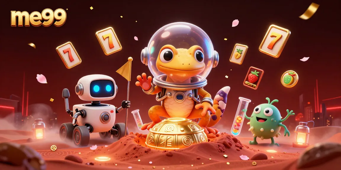 Join me99 for thrilling wins in a vibrant casino adventure featuring an alien gecko and exciting games.