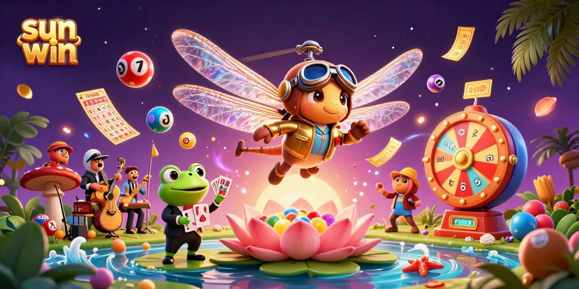 Experience the thrill of winning at the sun win lily pad casino with a whimsical dragonfly pilot and frog croupier.