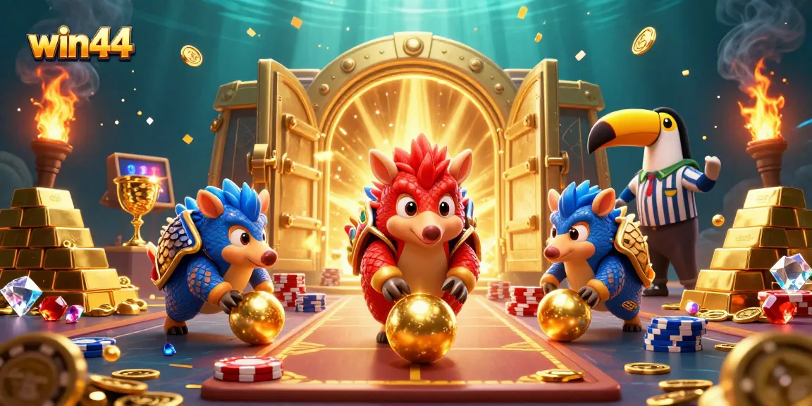 win44 pangolins rolling into gold while a toucan referee oversees the casino action with poker chips