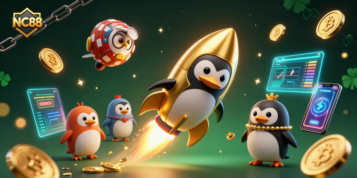 Experience NC88's thrilling casino adventure with a golden penguin soaring through a vibrant space filled with crypto coins.