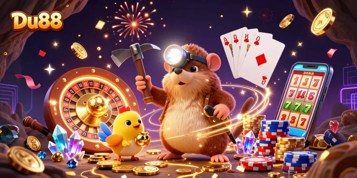 Experience vibrant Du88 gambling action with a treasure hunter mole amidst golden jewels and casino elements.