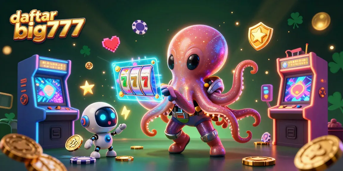 Spin the reels at daftar big777 with a vibrant scene featuring an alien octopus and exciting slot elements.
