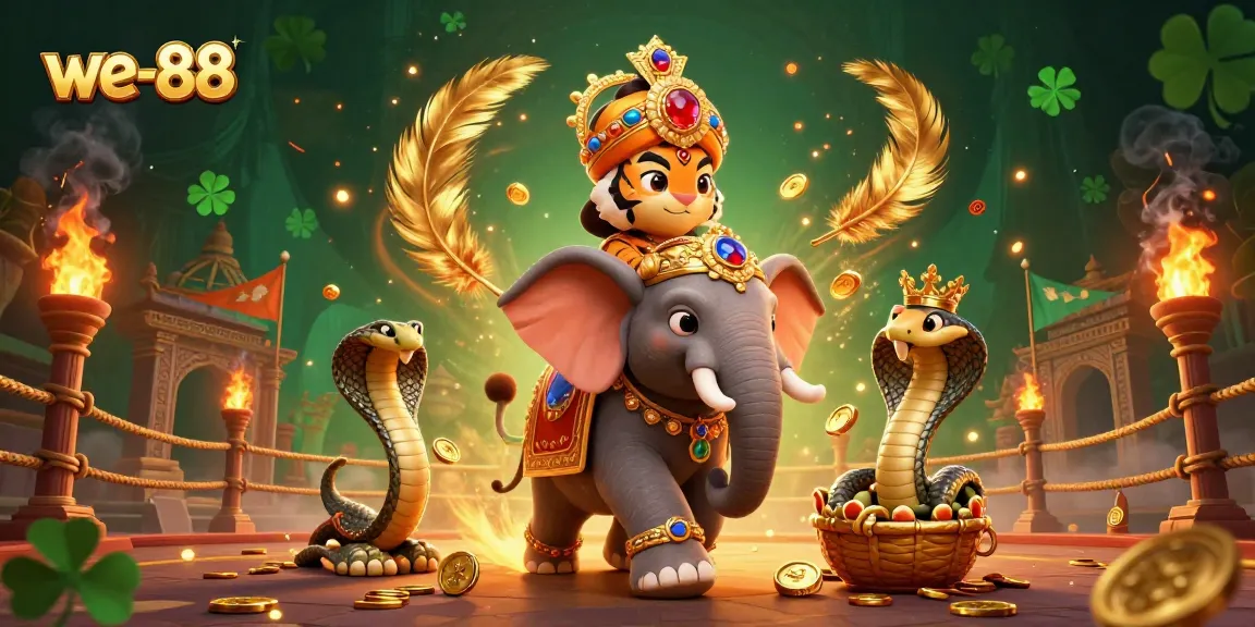Experience the thrill at we-88 with a tiger riding an elephant in a stunning casino scene filled with gold coins and dynamic elements.