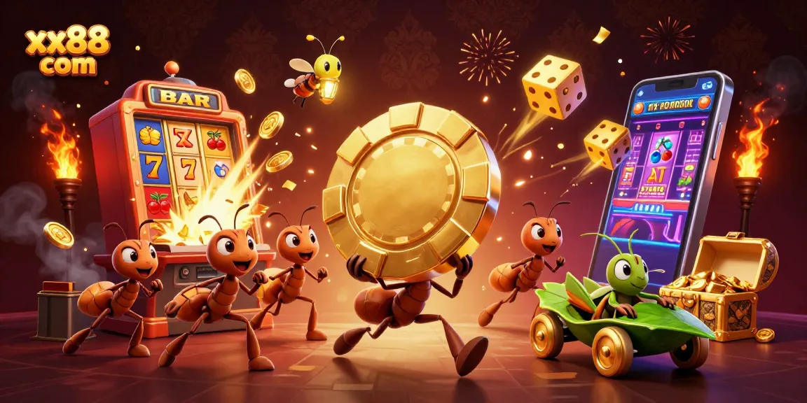 Experience the excitement of xx88 com with cartoon ants heisting a golden poker chip in a dynamic casino scene.