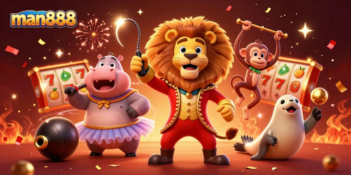 Experience exciting wins with man888 in this vibrant 3D casino scene of circus characters!