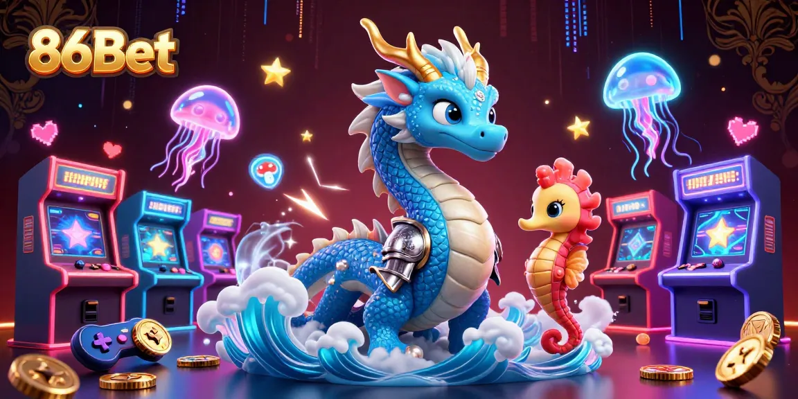Engage with 86Bet in a vibrant casino scene featuring a majestic water dragon and colorful gaming elements.