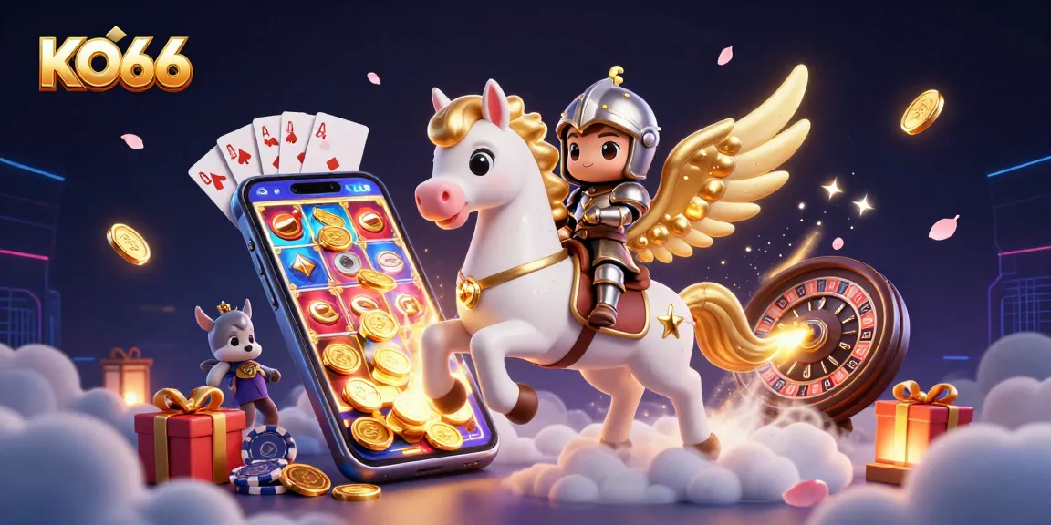 Experience KO66 with a celestial horse and knight amidst vibrant slot game excitement.