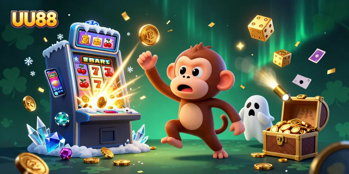 Experience thrilling gaming at UU88 with a dynamic casino scene of a playful ghost monkey and a curious puppy.