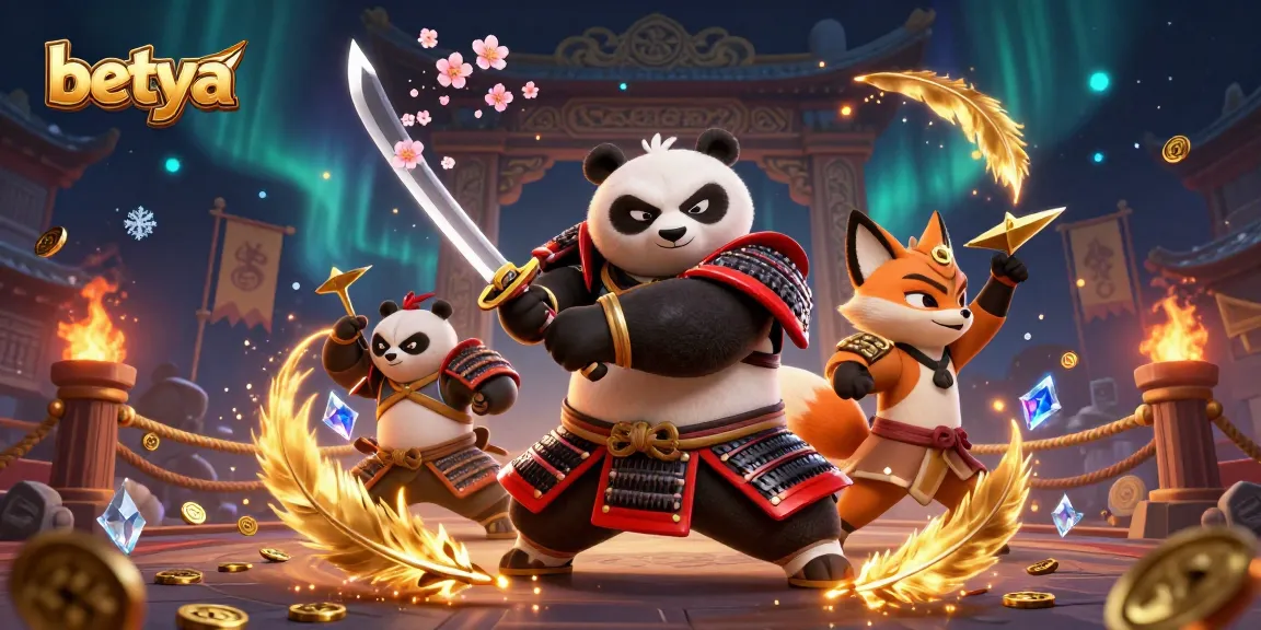 Engage with betya in an action-packed casino scene featuring a samurai panda and ninja fox.