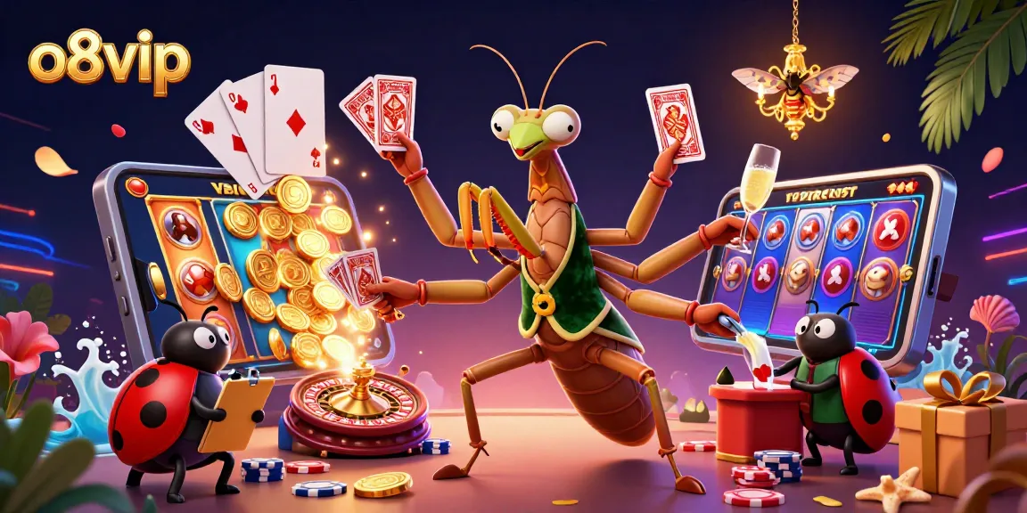 Engage with o8vip's exciting casino scene as a giant mantis deals cards amidst vibrant slot games and golden coins.