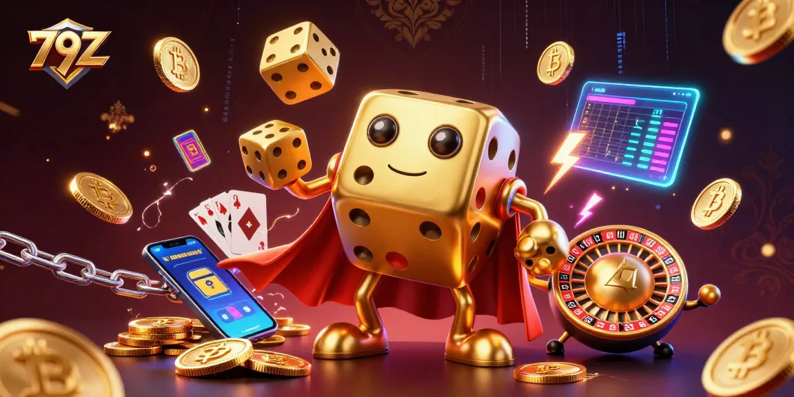 Engage with 79Z's vibrant casino scene featuring dynamic cartoon dice and crypto elements.