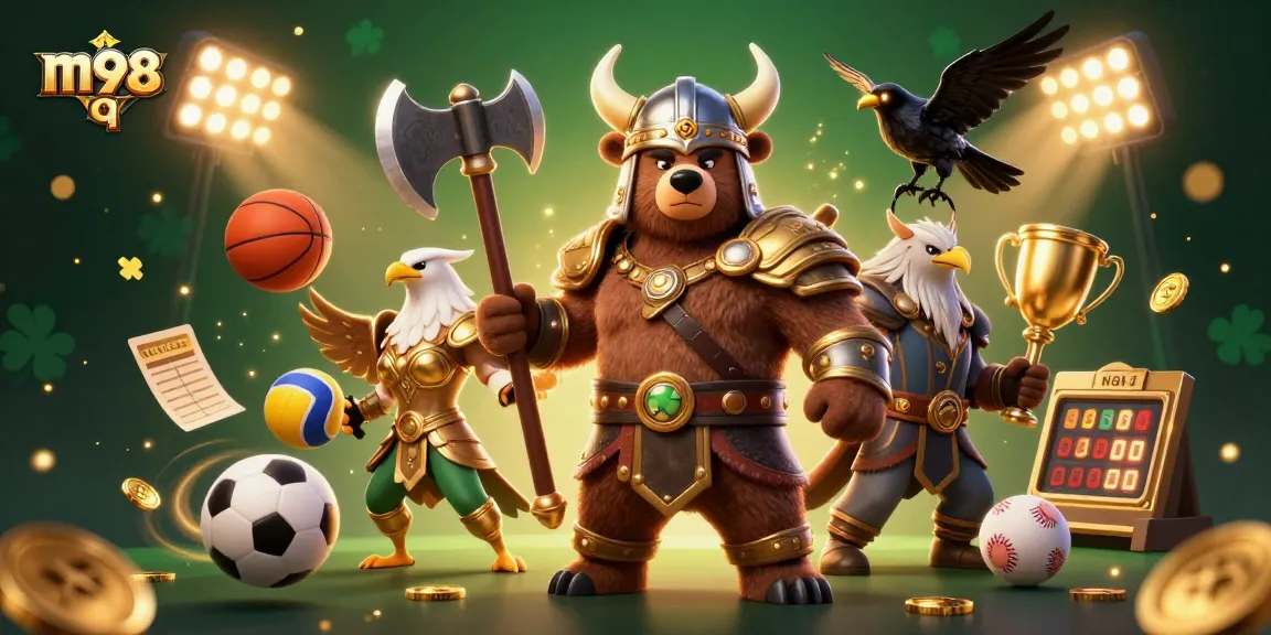 M98 q action scene with Viking berserker bear, Valkyrie eagle, and dynamic sports elements