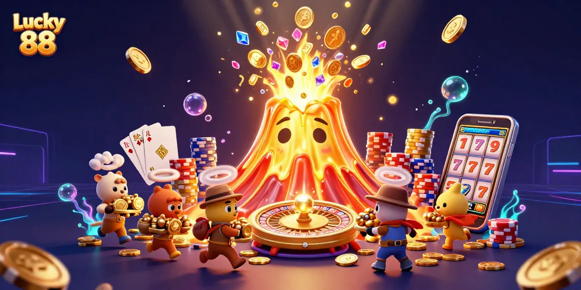 Engage in exhilarating gameplay with Lucky 88, featuring vibrant scenes of triumphant volcanoes and treasure.