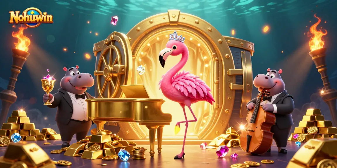 Nohuwin offers thrilling jackpot action amid dazzling gold and gemstone treasures in this vibrant casino scene.