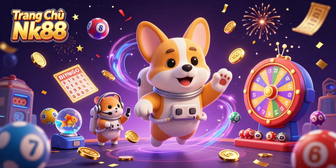 Experience exciting gameplay at Trang Chủ Nk88 with a playful 3D cartoon scene featuring vibrant lottery and casino elements.