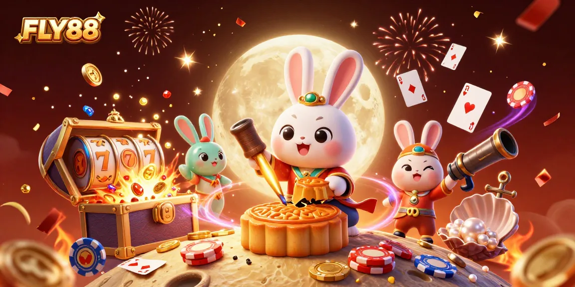 FLY88 offers thrilling casino excitement with a magical moon rabbit experience in vibrant gaming illustration.