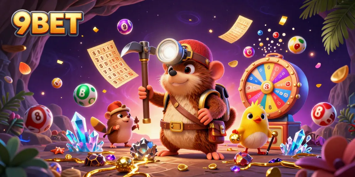 9BET treasure hunting in a vibrant casino scene filled with lottery balls and golden elements.