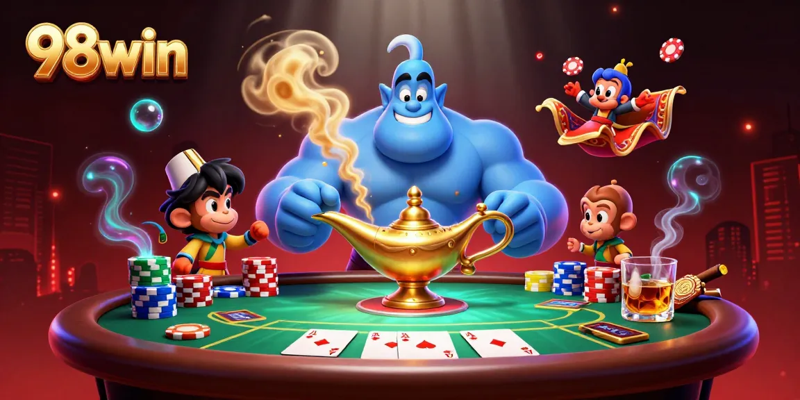 Experience the thrill of 98win with a genie, poker chips, and a magic carpet in a vibrant casino scene.