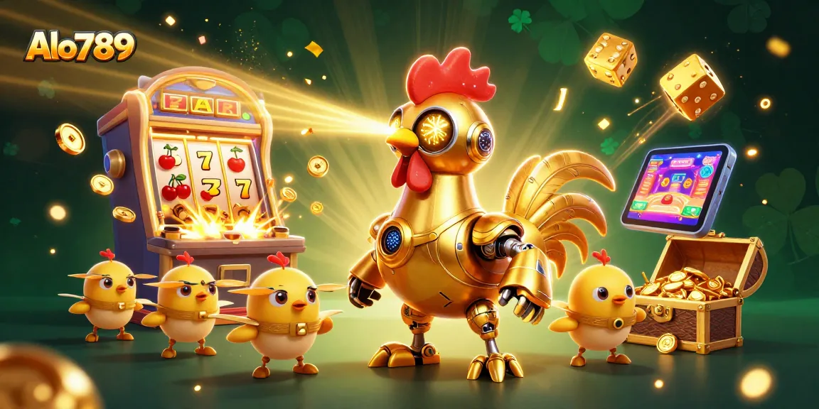 Alo789 features a vibrant 3D scene with a golden rooster robot and lively game elements, enhancing casino excitement.