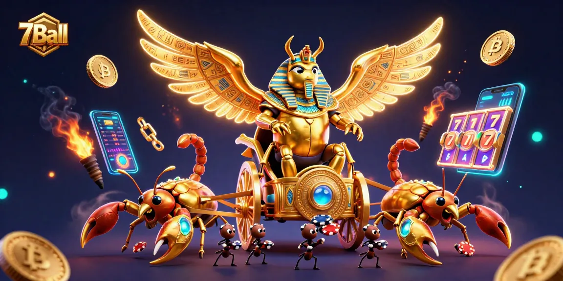 The 7Ball chariot scene boasts a colossal golden scarab beetle amidst dazzling slot reels, symbolizing gambling excitement.