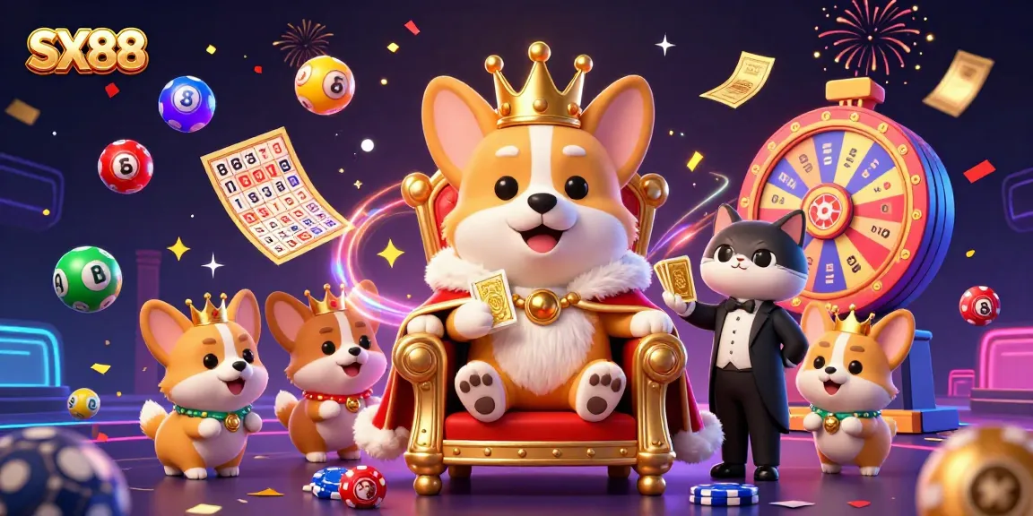 Experience the excitement of SX88 with a royal corgi on poker chips, surrounded by vibrant lottery elements.