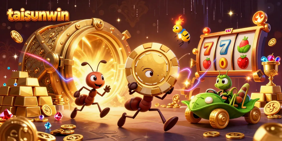 Engage with taisunwin's vibrant casino heist scene featuring animated ants and dazzling treasure.