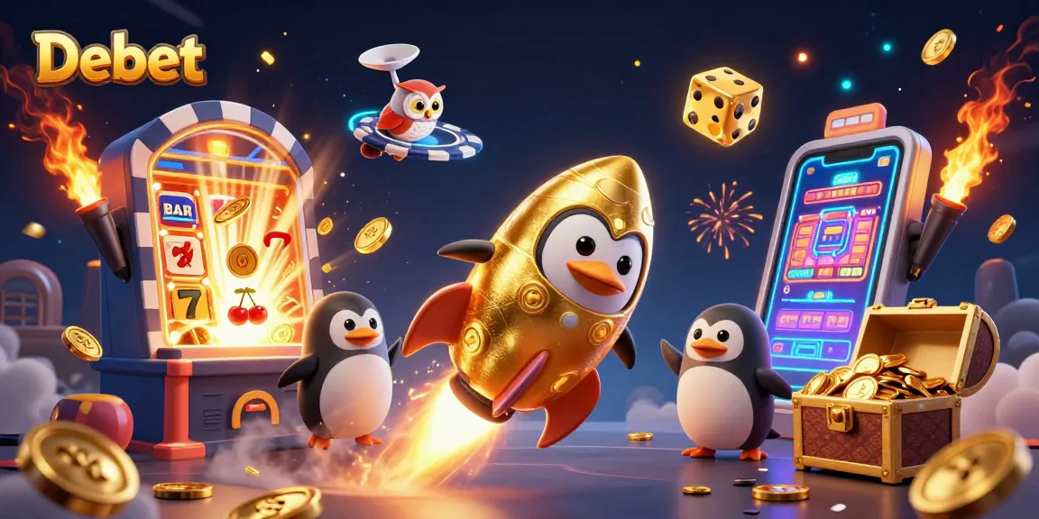Experience thrilling gambling with Debet: a golden penguin, slot machine, and casino excitement.